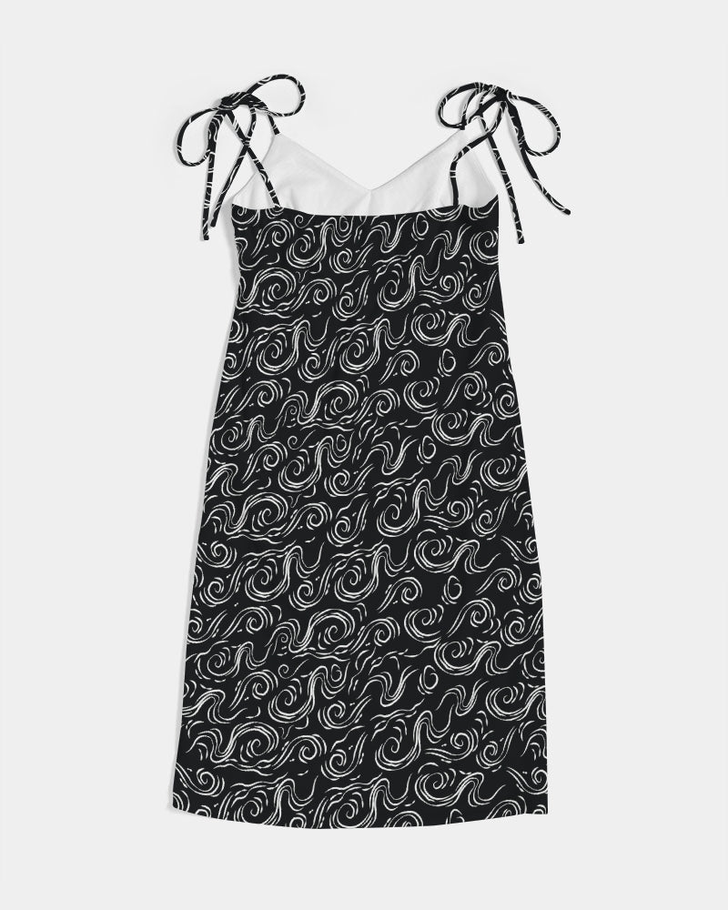 Women's Black wave All-Over Print Tie Strap Split Dress