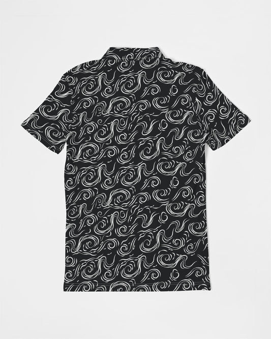 Men's Black wave All-Over Print Slim Fit Short Sleeve Polo