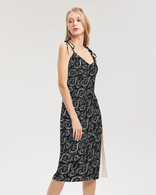 Women's Black wave All-Over Print Tie Strap Split Dress