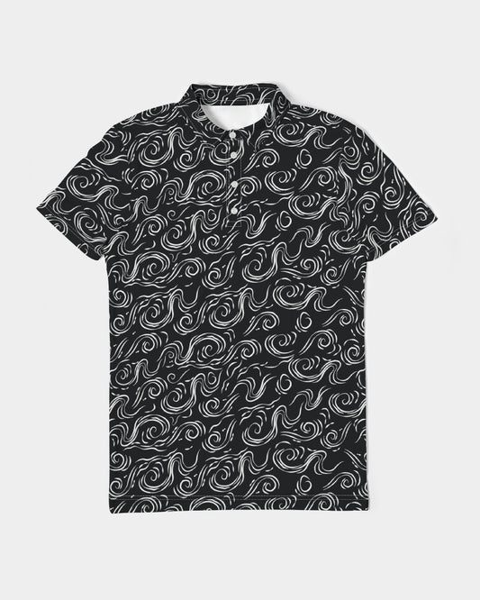 Men's Black wave All-Over Print Slim Fit Short Sleeve Polo