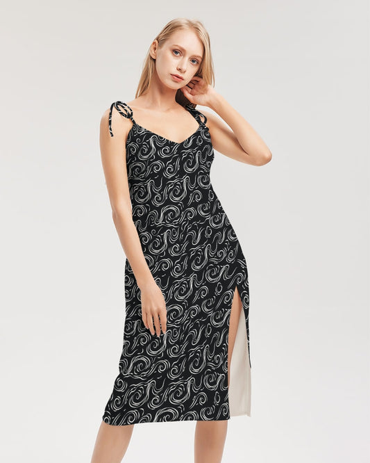 Women's Black wave All-Over Print Tie Strap Split Dress